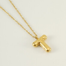 (Letter T (with chain)) HKEDES Chubby Gold Alphabet Necklace for Women, Stainless Steel Bubble Letter Hip-Hop Clavicle Chain