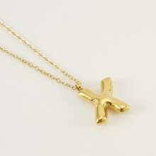 (Letter X (with chain)) HKEDES Chubby Gold Alphabet Necklace for Women, Stainless Steel Bubble Letter Hip-Hop Clavicle Chain