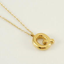 (Letter Q (with chain)) HKEDES Chubby Gold Alphabet Necklace for Women, Stainless Steel Bubble Letter Hip-Hop Clavicle Chain