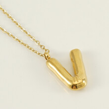 (Letter V (with chain)) HKEDES Chubby Gold Alphabet Necklace for Women, Stainless Steel Bubble Letter Hip-Hop Clavicle Chain