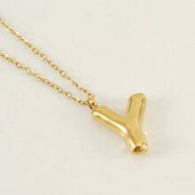 (Letter Y (with chain)) HKEDES Chubby Gold Alphabet Necklace for Women, Stainless Steel Bubble Letter Hip-Hop Clavicle Chain