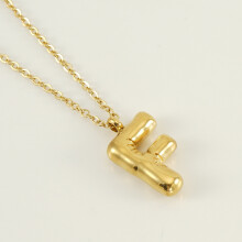(Letter F (with chain)) HKEDES Chubby Gold Alphabet Necklace for Women, Stainless Steel Bubble Letter Hip-Hop Clavicle Chain