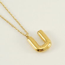 (Letter U (with chain)) HKEDES Chubby Gold Alphabet Necklace for Women, Stainless Steel Bubble Letter Hip-Hop Clavicle Chain