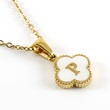 (P gold (including chain)) HKEDES New Clover Pendant Stainless Steel 18K Gold Necklace, Minimalist Shell Letter Clavicle Chain