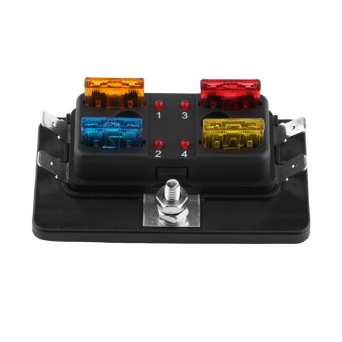 4-Way Blade Fuse Box with LED Warning Light, 30A Max, Black