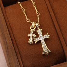 (Gold cross necklace) HKEDES Cross Double Pendant Choker Necklace, Couple Colored Diamond Charm, Retro Copper Jewelry Gift for Men & Women