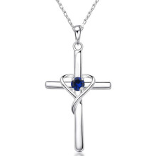 (【September】 Deep Blue Diamond, Gold color) HKEDES Women's S925 Sterling Silver Cross Pendant Clavicle Chain, Retro Unique Jewelry Festival Gift