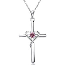 (【October】 Pink Diamond, Rose gold) HKEDES Women's S925 Sterling Silver Cross Pendant Clavicle Chain, Retro Unique Jewelry Festival Gift