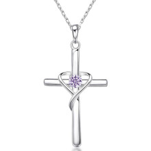(【June】Light Purple Diamond, Gold color) HKEDES Women's S925 Sterling Silver Cross Pendant Clavicle Chain, Retro Unique Jewelry Festival Gift