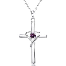 (【February】Purple Diamond, Gold color) HKEDES Women's S925 Sterling Silver Cross Pendant Clavicle Chain, Retro Unique Jewelry Festival Gift