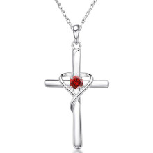 (【January】 Red Diamond, Gold color) HKEDES Women's S925 Sterling Silver Cross Pendant Clavicle Chain, Retro Unique Jewelry Festival Gift