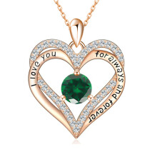 (【May】 Green Diamond, Rose gold) HKEDES New Arrival S925 Silver Double Layer Eternal Heart Necklace, 12 Birthstones Full Diamond Pendant for Women