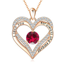 (【July】Rose Diamond, Gold color) HKEDES New Arrival S925 Silver Double Layer Eternal Heart Necklace, 12 Birthstones Full Diamond Pendant for Women