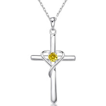 (【November】 Yellow Diamond, Gold color) HKEDES Women's S925 Sterling Silver Cross Pendant Clavicle Chain, Retro Unique Jewelry Festival Gift
