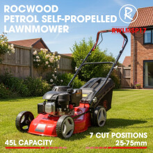 RocwooD Petrol Lawnmower Self Propelled 132cc 17" Mower Lawn Garden 45L Grass Lawn mower