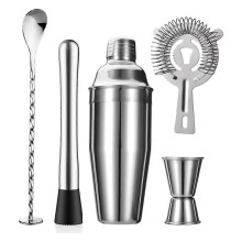 5-teiliges Cocktailshaker-Set Shaker-Sieb Jigger T-Mischlöffel Muddler Barkeeper-Set Edelstahl-Stangen-Set