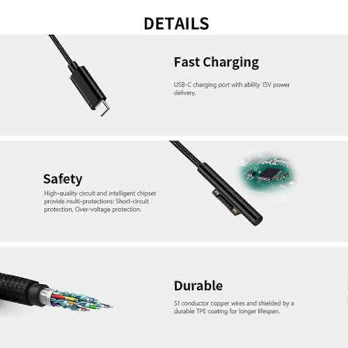 Nylongeflochtenes USB-C-Ladekabel für das Surface Pro 6/5/4/3 Surface Laptop 1,5 m 45W 15V PD-Netzteil 1