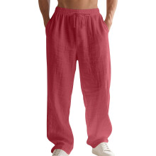 Men's Linen Button Straight Leg Pants,-watermelon red L