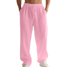 Men's Linen Button Straight Leg Pants, Drawstring Design-Pink M