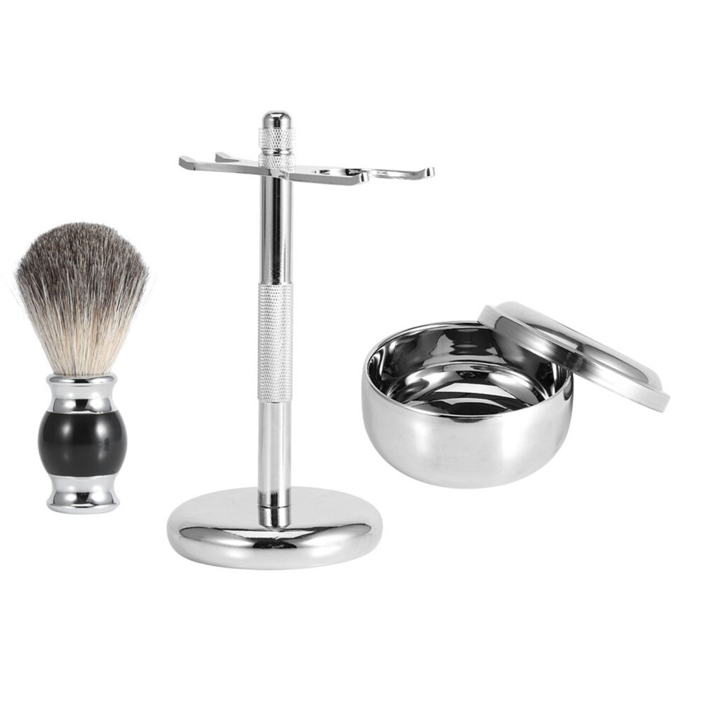 Professional Men Shaving Set Faux Badger Brush Stainless Steel Stand Alloy Bowl 11x6.5cm