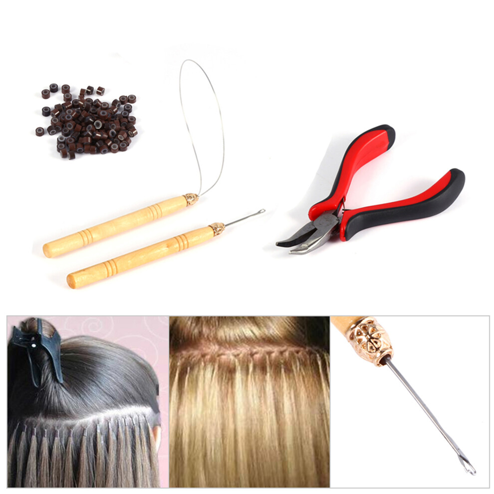 Unisex 100Pcs Silicone Beads Micro Ring Hair Extension Kit With Pliers & Needles