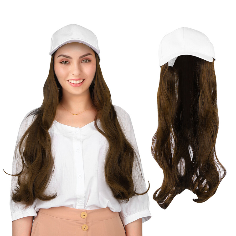 White Baseball Cap Hat Wig with Long Curly Hair Extension, Light Brown
