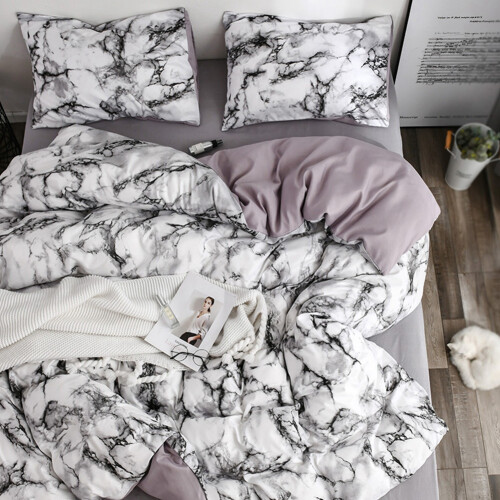 3Pcs Polyester Marbled Bedding Set EU Double Size White Soft & Durable