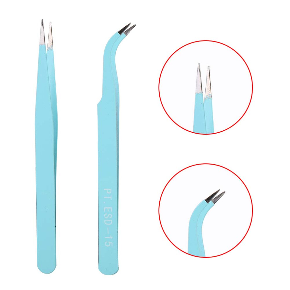 2Pcs Stainless Steel Nail Art Tweezers, Anti-Static, Blue & Purple