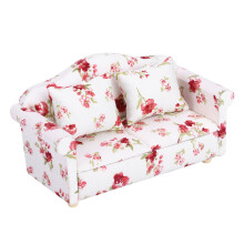 Realistic 1/12 Scale Dollhouse Mini Double Sofa with Flower Pattern for Dolls