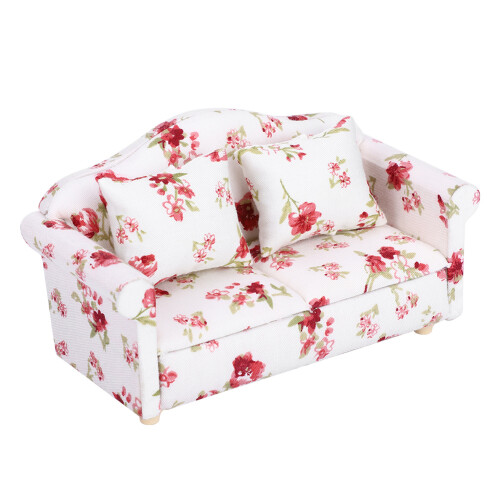Realistic 1/12 Scale Dollhouse Mini Double Sofa with Flower Pattern for Dolls