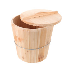 Beige Wooden Towel Steamer Bucket with Lid for Spa Salon Bathroom