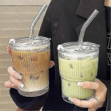 2-Pack 400ml Glasbecher mit Deckel und Strohhalm, Glas-Smoothie-Becher mit Strohhalm, versiegeltes wasserdichtes Design Kaffeebecher-Reisebe