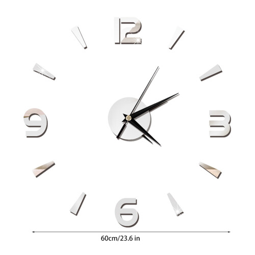 Modern Wall Clock Sticker Acrylic Mirror 60x60cm Silver