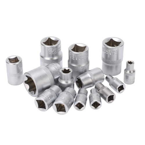 14Pcs E-Type Torx Star Bit Socket Set, 1/4" 3/8" 1/2" Drive, Chrome-Vanadium Steel