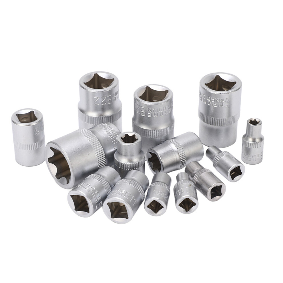 14Pcs E-Type Torx Star Bit Socket Set, 1/4" 3/8" 1/2" Drive, Chrome-Vanadium Steel 6931393233215