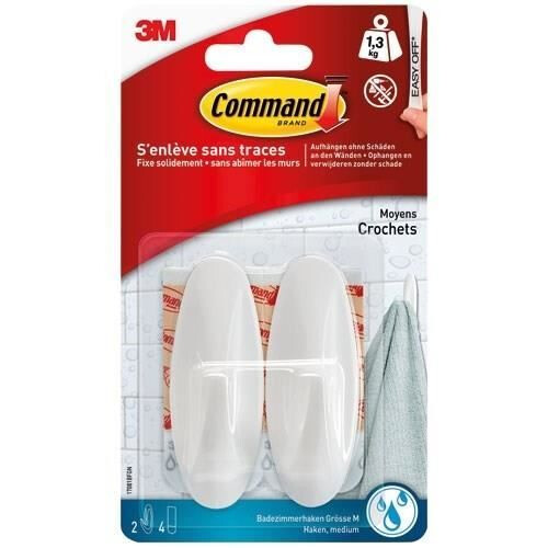 3M Adhesive Hooks - 3M - Medium - Plastic - White - Pack of 2 hooks and 4 strips