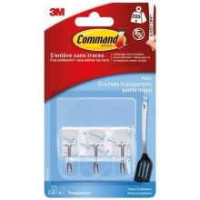 3M - Adhesive hook - Small rectangular - Metal point hook - Supports 225 g - Transparent - Pack of 3