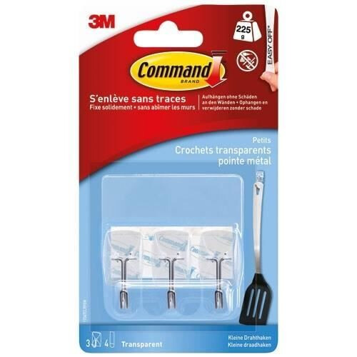 3M 3M - Adhesive hook - Small rectangular - Metal point hook - Supports 225 g - Transparent - Pack of 3