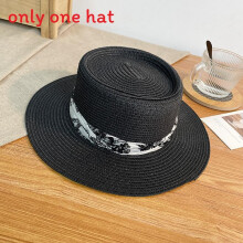 (Black) Womens French Summer Straw Hat With Wide Brim Design For Sunshade And Beach