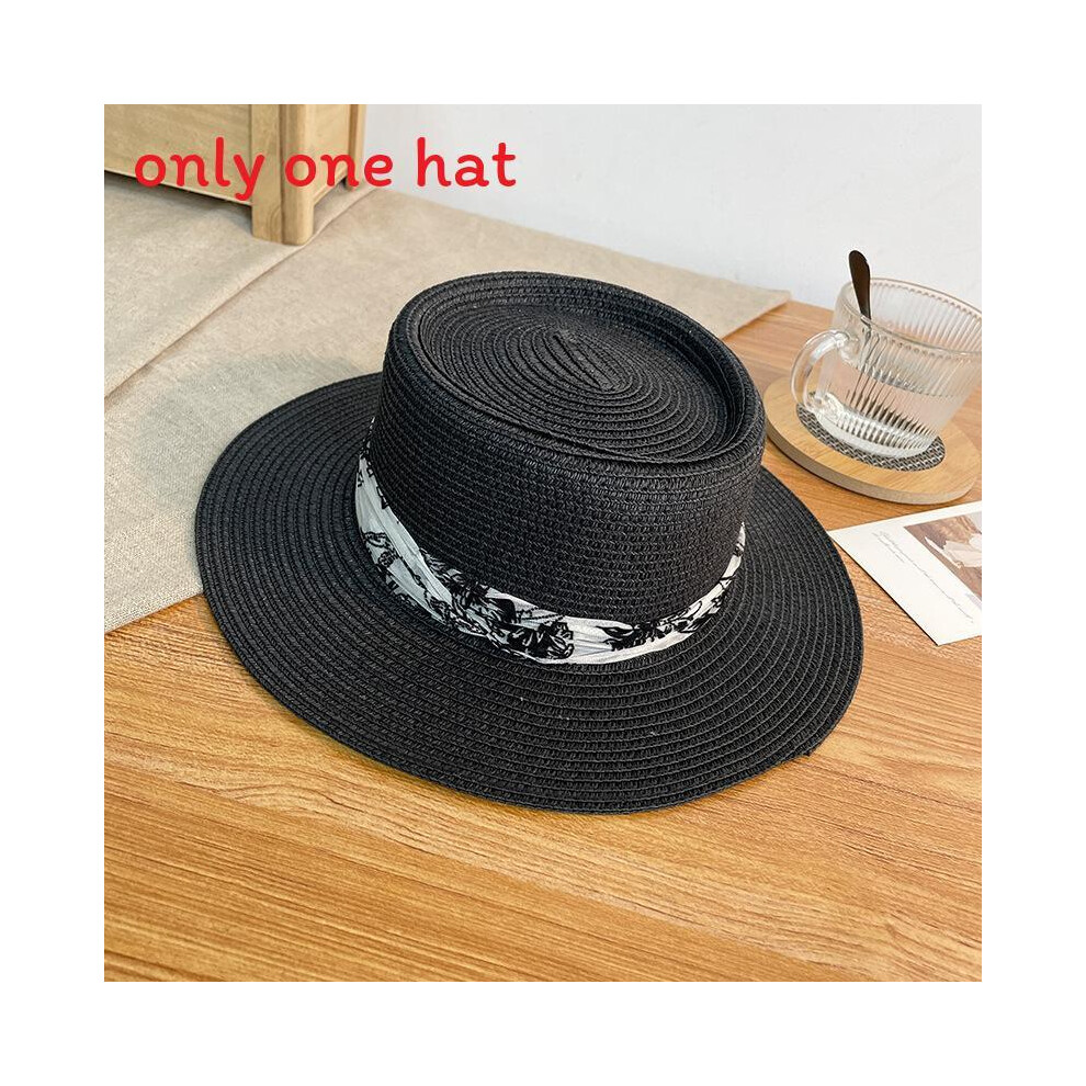 (Black) Womens French Summer Straw Hat With Wide Brim Design For Sunshade And Beach