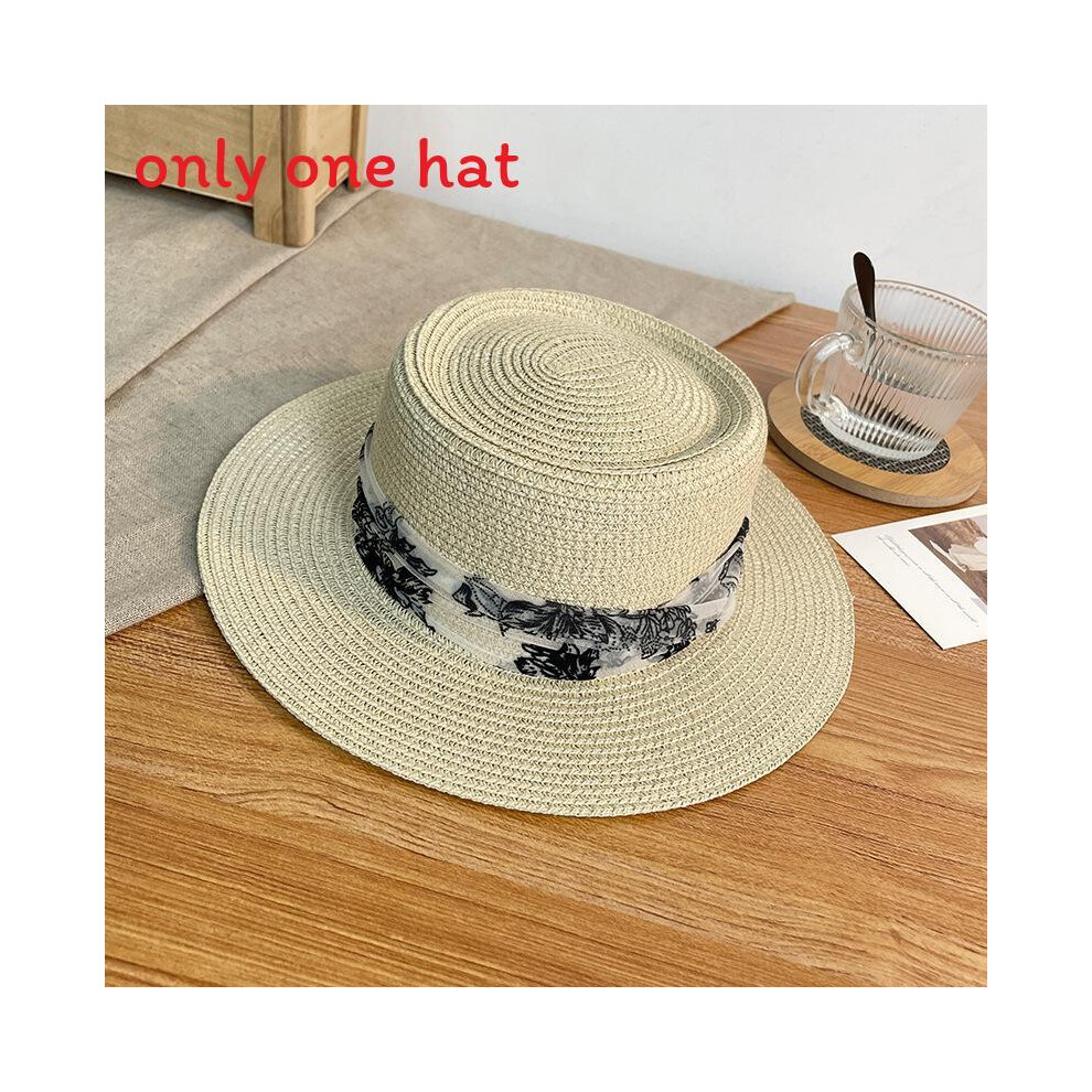 (Beige) Womens French Summer Straw Hat With Wide Brim Design For Sunshade And Beach