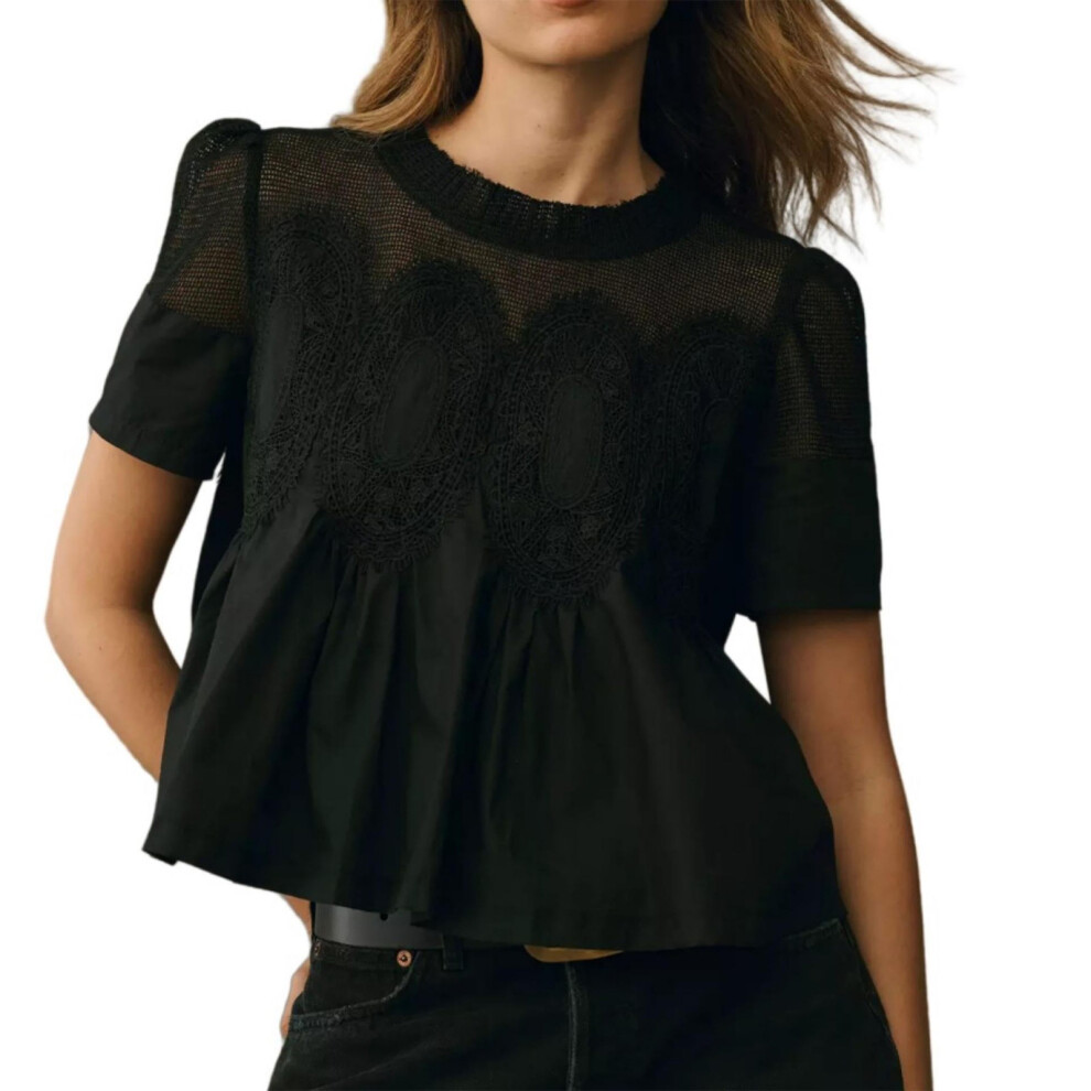 Black Stylish Embroidered Round Neck Cotton Top Short- Xl