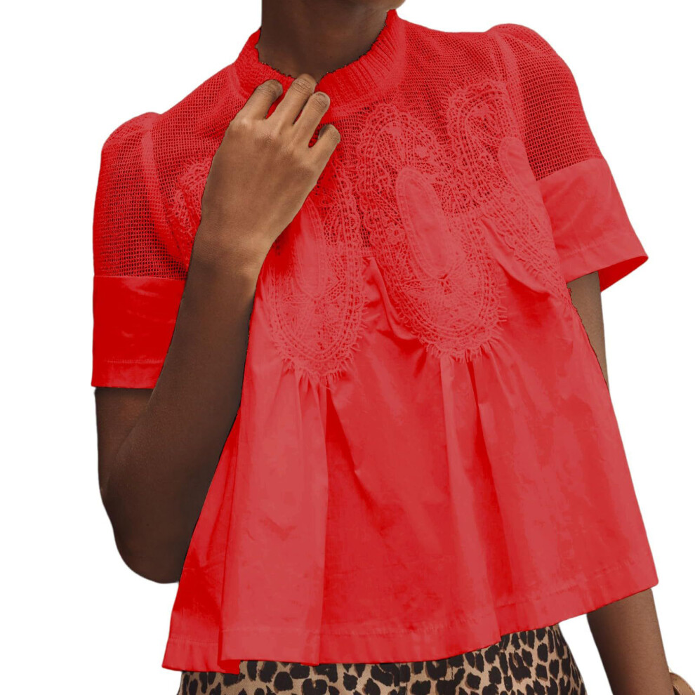 Sophisticated Round Neck Embroidered Mesh Top Blouse For-Red M