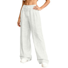 Women Wide Leg Elastic Waist Drawstring PantsFlowy Soft-White L