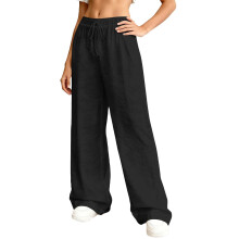 Women Wide Leg Elastic Waist Drawstring PantsFlowy-Black XXL