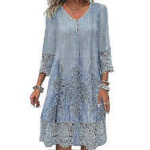 Sommer Damenkleid V-Ausschnitt Hohl Spitzenknöpfe Dreiviertelärmel Stickerei Einfarbiges lockeres, knielanges Retro-Midi-Kleid