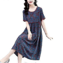 Damenkleid Vintage-Blumenmuster Patchwork O-Hals, kurzärmeliger Kurzärmel, locker knielang, plissierter Sommer Mutter-Midi-Kleid