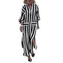 Damen Frühling Herbst V-Ausschnitt mit 3/4-Ärmeln Maxikleid Vertikal gestreifter Print Seitenspalt Saum locker sitzendes Langkleid Streetwea
