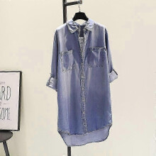 Frühling einfarbiges Jeanshemd-Kleid Freizeitoberteile Modetaschen-Langarmshirt für Frauen Elegante mittellange lockere Kleidung 24120