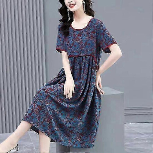 Γυναικείο φόρεμα Vintage Flower Print Patchwork O Neck Κοντό μανίκι Χαλαρό μέχρι το γόνατο 2